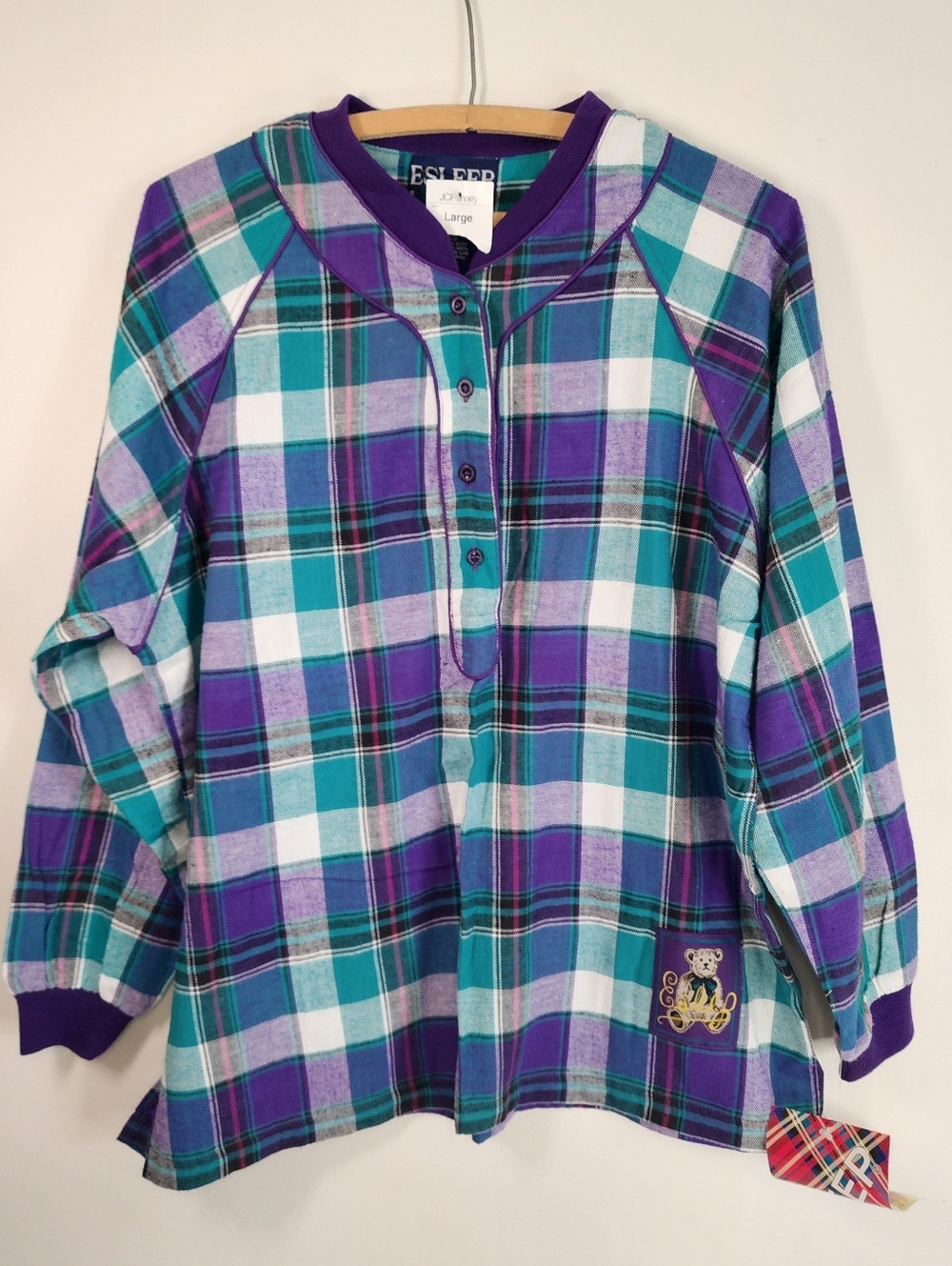 Vintage NWT Deadstock ESLEEP Large Boxer Plaid Sleep Shirt Bear Pajama Button Up